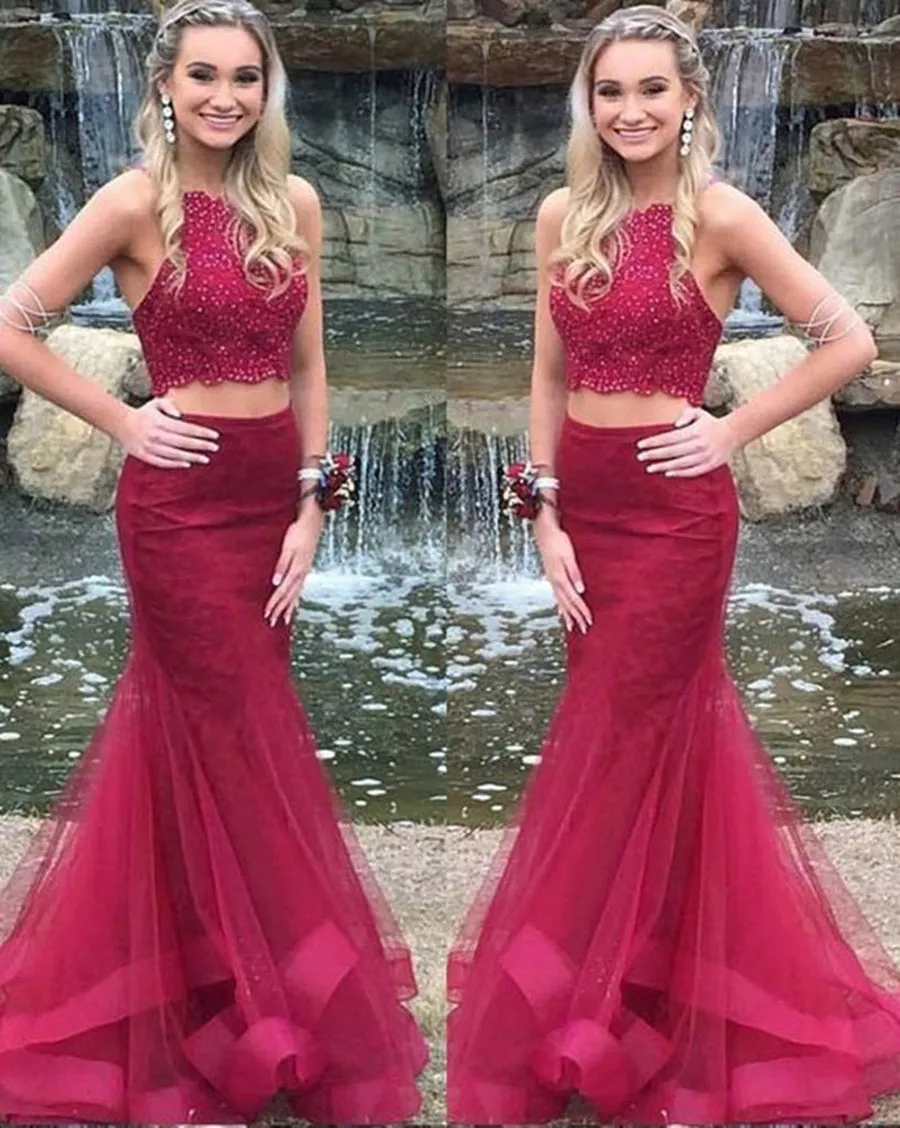 2 Pieces Mermaid Lace Burgundy Long Prom Dresses, Burgundy 2 Pieces Lace Formal Evening Dresses, Mermaid Burgundy Graduation Dresses