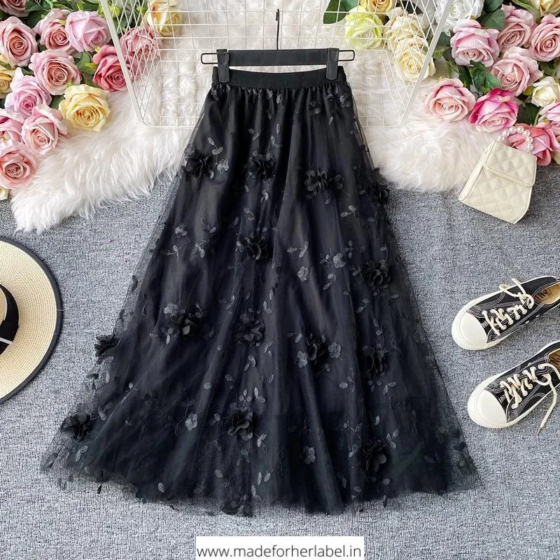 3D Flower Embroidered Tulle Skirt