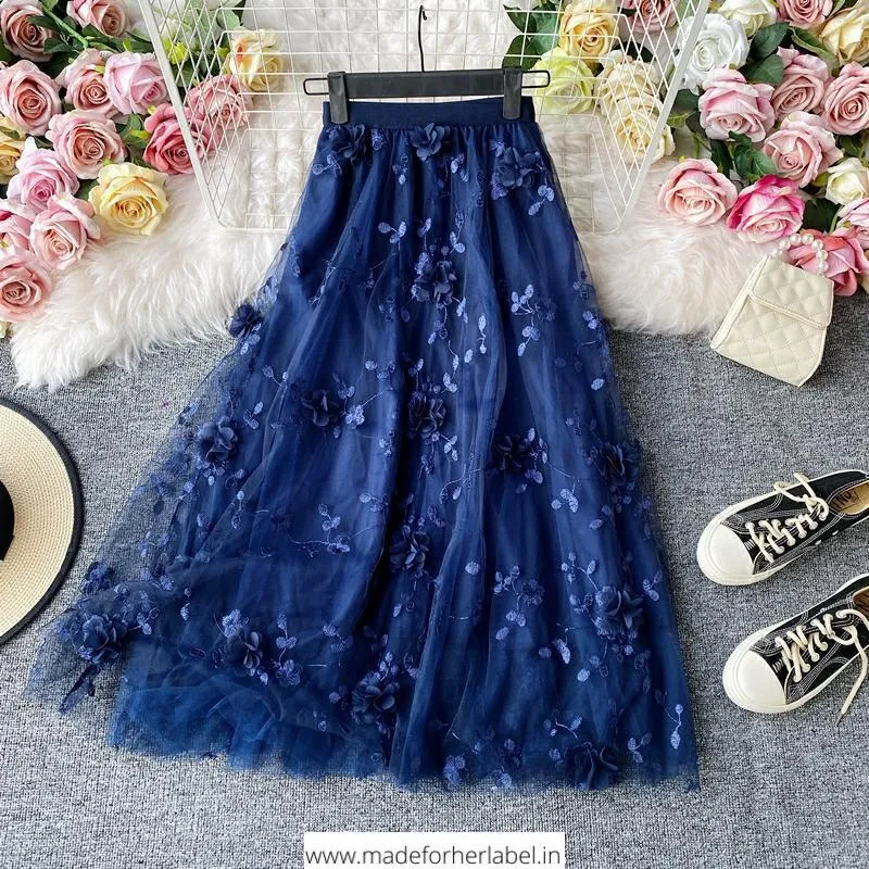 3D Flower Embroidered Tulle Skirt