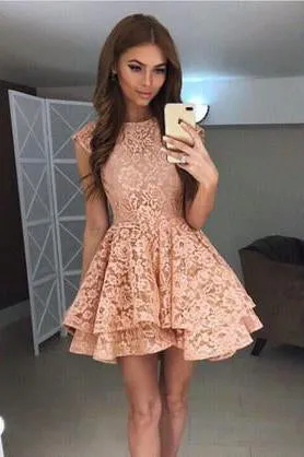 A Line Above Knee Straps Lace Homecoming Dresses with Scoop Short Prom Dresses