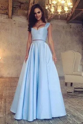 A Line Blue Two Piece Satin Sweetheart Prom Dresses Long Cheap Evening Dresses