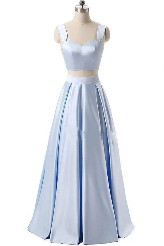 A Line Blue Two Piece Satin Sweetheart Prom Dresses Long Cheap Evening Dresses