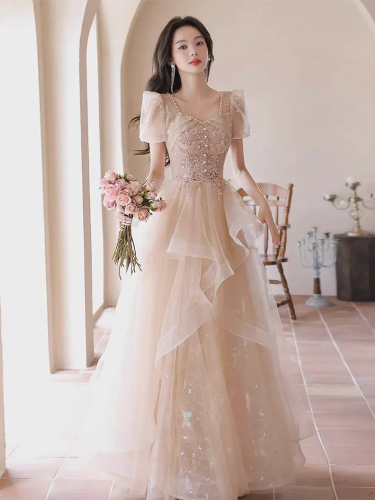 A-Line Champagne Tulle Sequin Long Prom Dress, Champagne Formal Dress