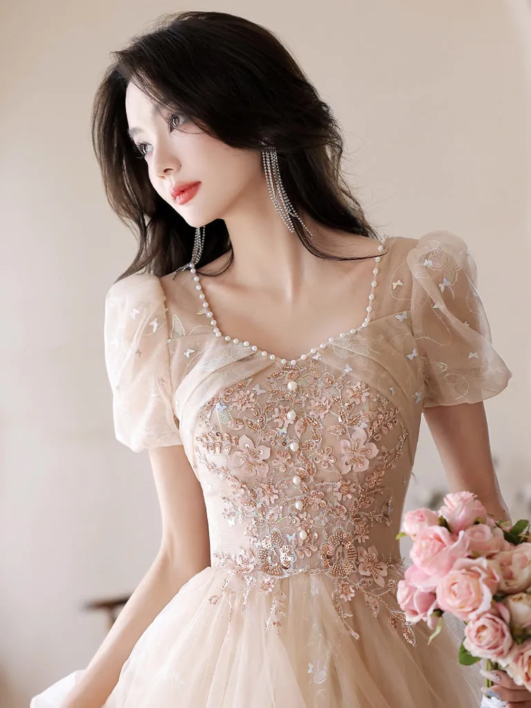 A-Line Champagne Tulle Sequin Long Prom Dress, Champagne Formal Dress