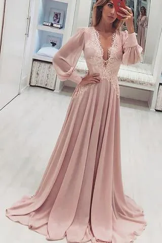 A-Line Deep V-Neck Long Pink Chiffon Prom Dress With Appliques Long Sleeves