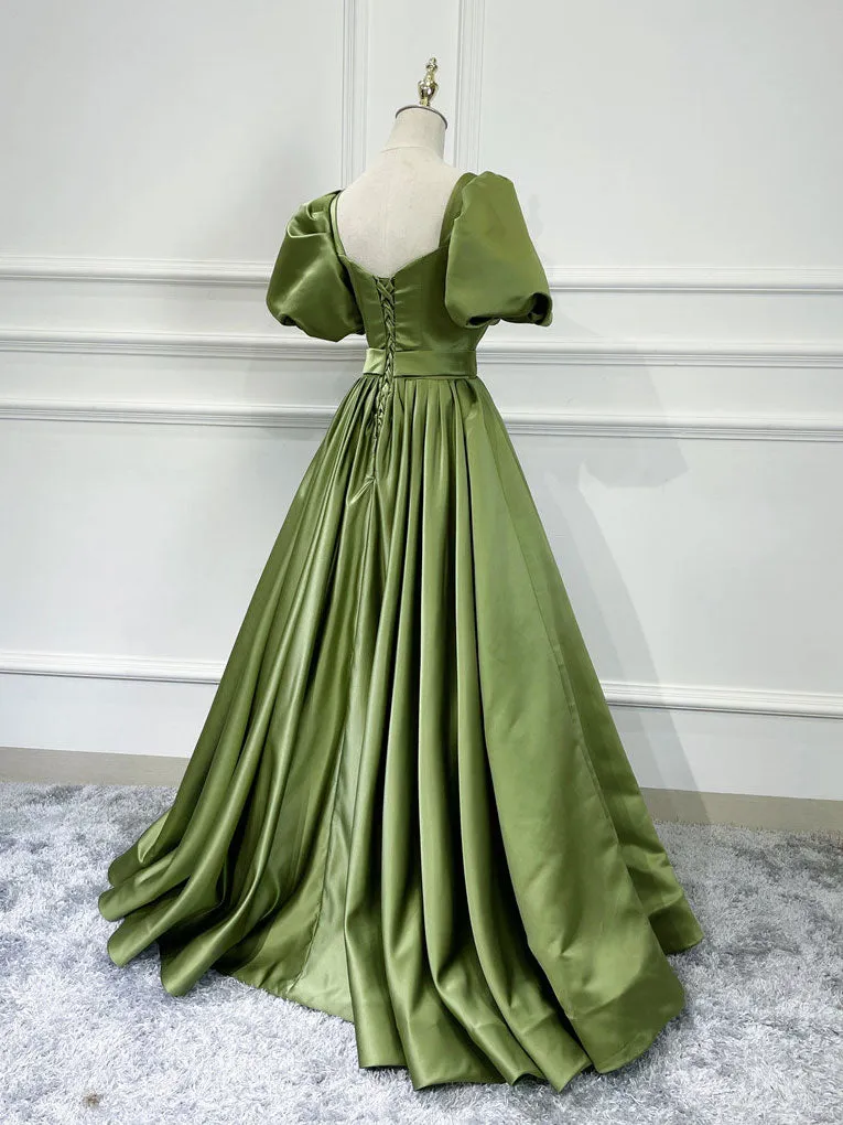 A line Satin Long Green Prom Dresses, Green Formal Evening Graduation Dresses