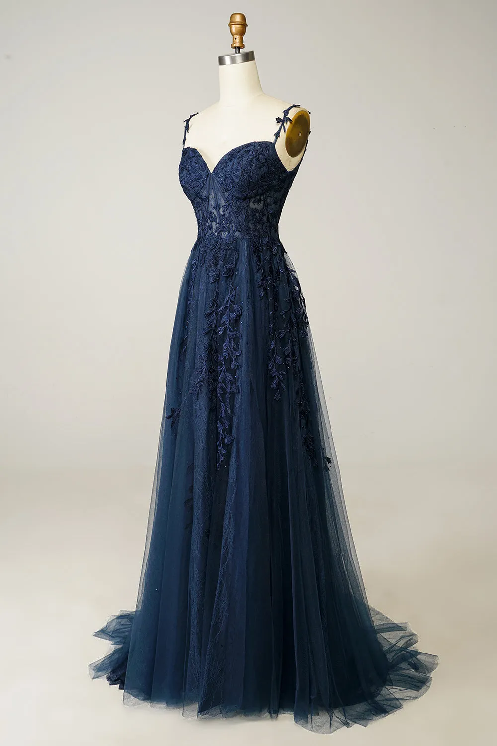 A Line Spaghetti Straps Navy Prom Dress with Appliques