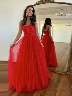 A-Line Sweetheart Neck Red Lace Long Prom Dress, Red Formal Evening Dress