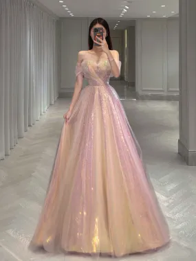 A Line Tulle Sequin Long Prom Dress, Off Shoulder Formal Graduation Dress