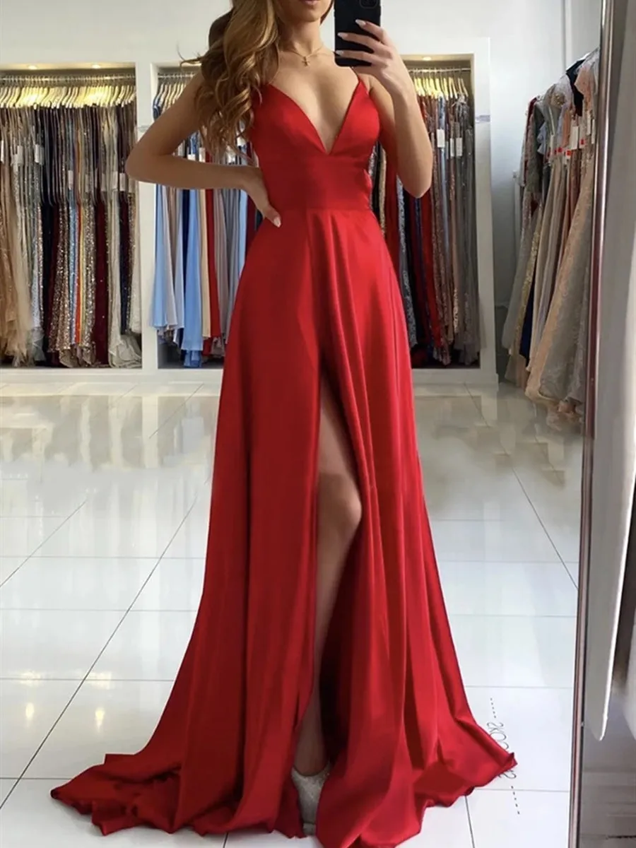 A Line V Neck Backless Long Red Prom Dresses with High Slit, Backless Red Formal Graduation Evening Dresses