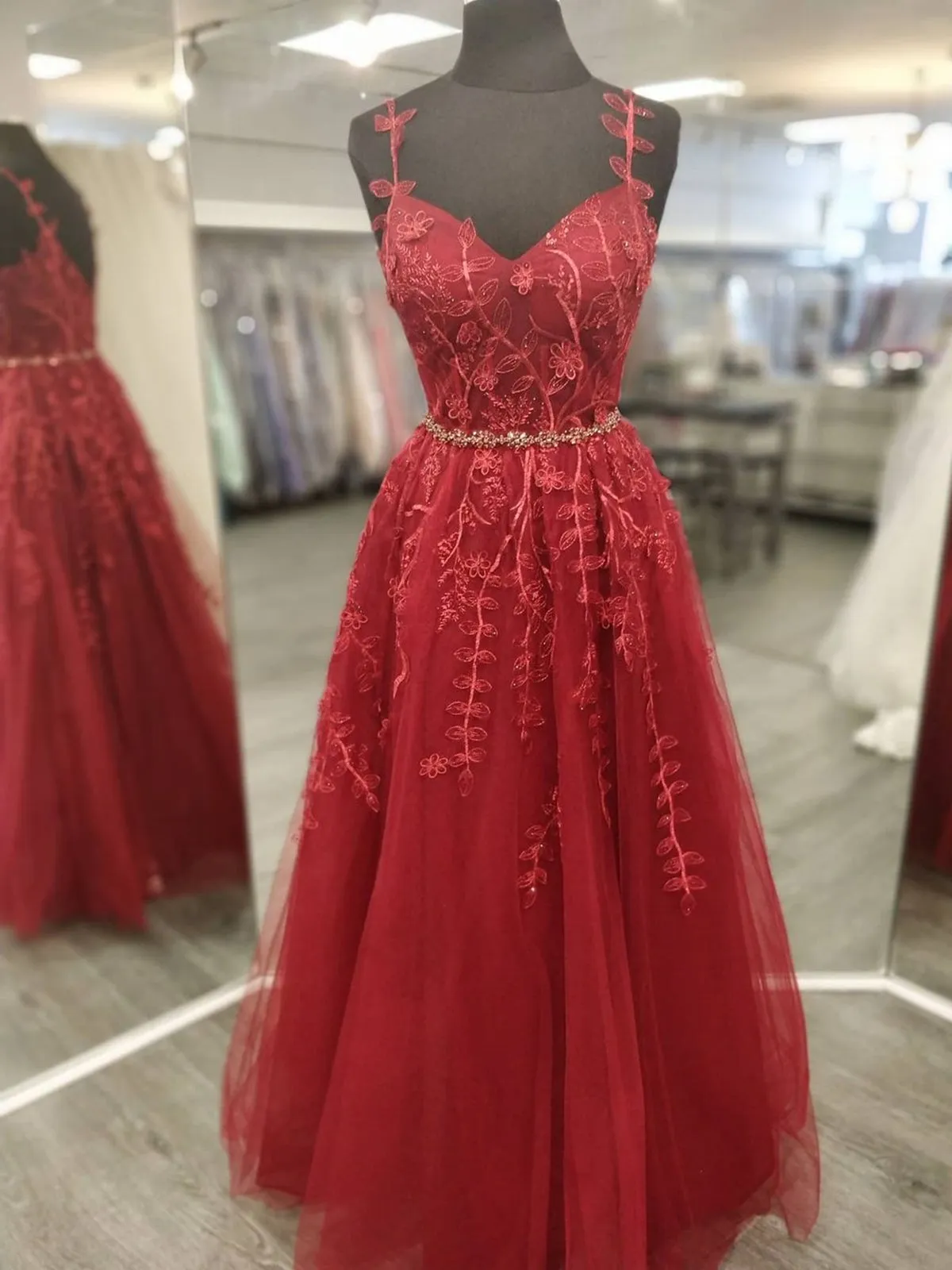 A Line V Neck Burgundy Lace Floral Long Prom Dresses, Wine Red Lace Formal Dresses, Burgundy Evening Dresses