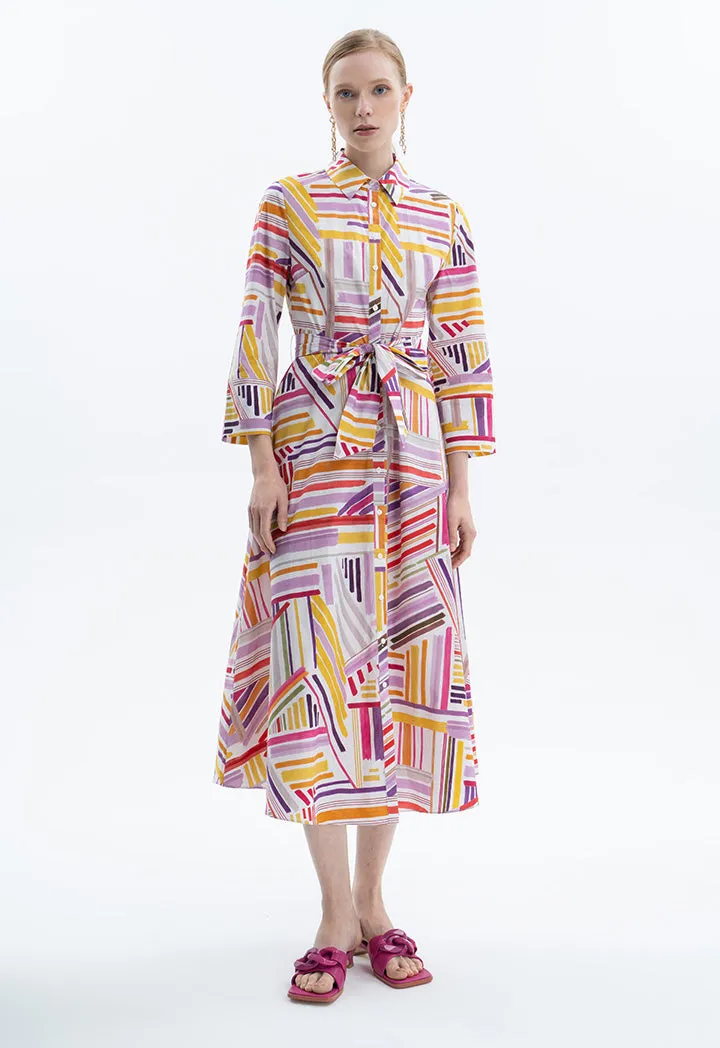 Abstract Stripe Printed Dress With Belt