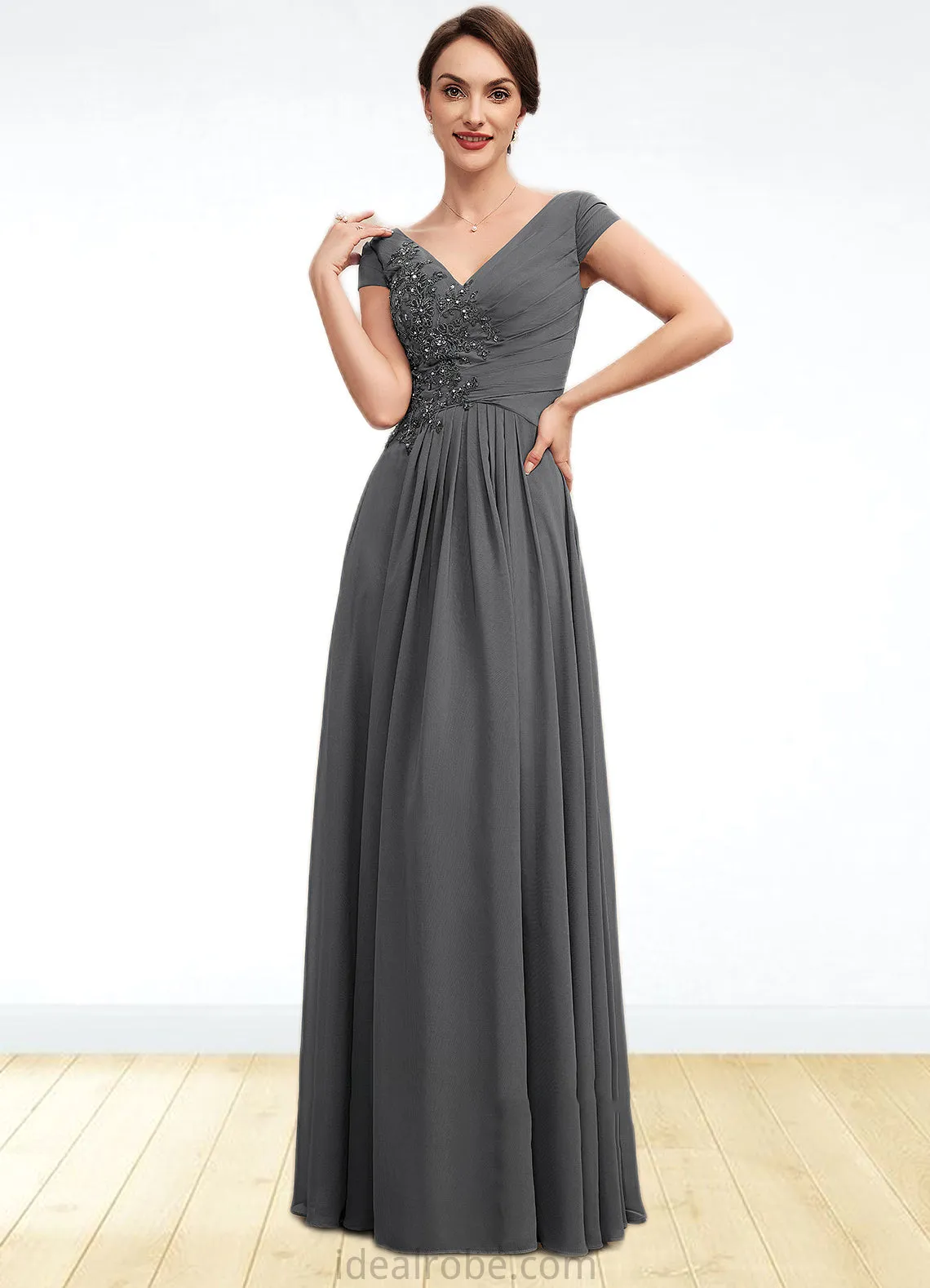 Akira A-Line V-neck Floor-Length Chiffon Mother of the Bride Dress With Ruffle Lace Beading Sequins STK126P0014582