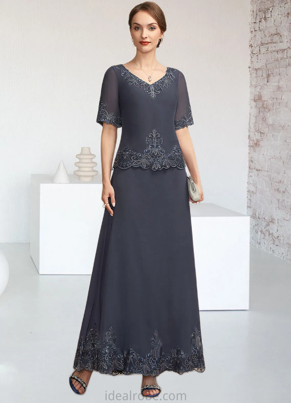 Alexis A-Line V-neck Ankle-Length Chiffon Lace Mother of the Bride Dress With Sequins STK126P0014650