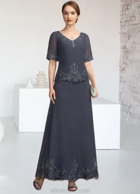 Alexis A-Line V-neck Ankle-Length Chiffon Lace Mother of the Bride Dress With Sequins STK126P0014650