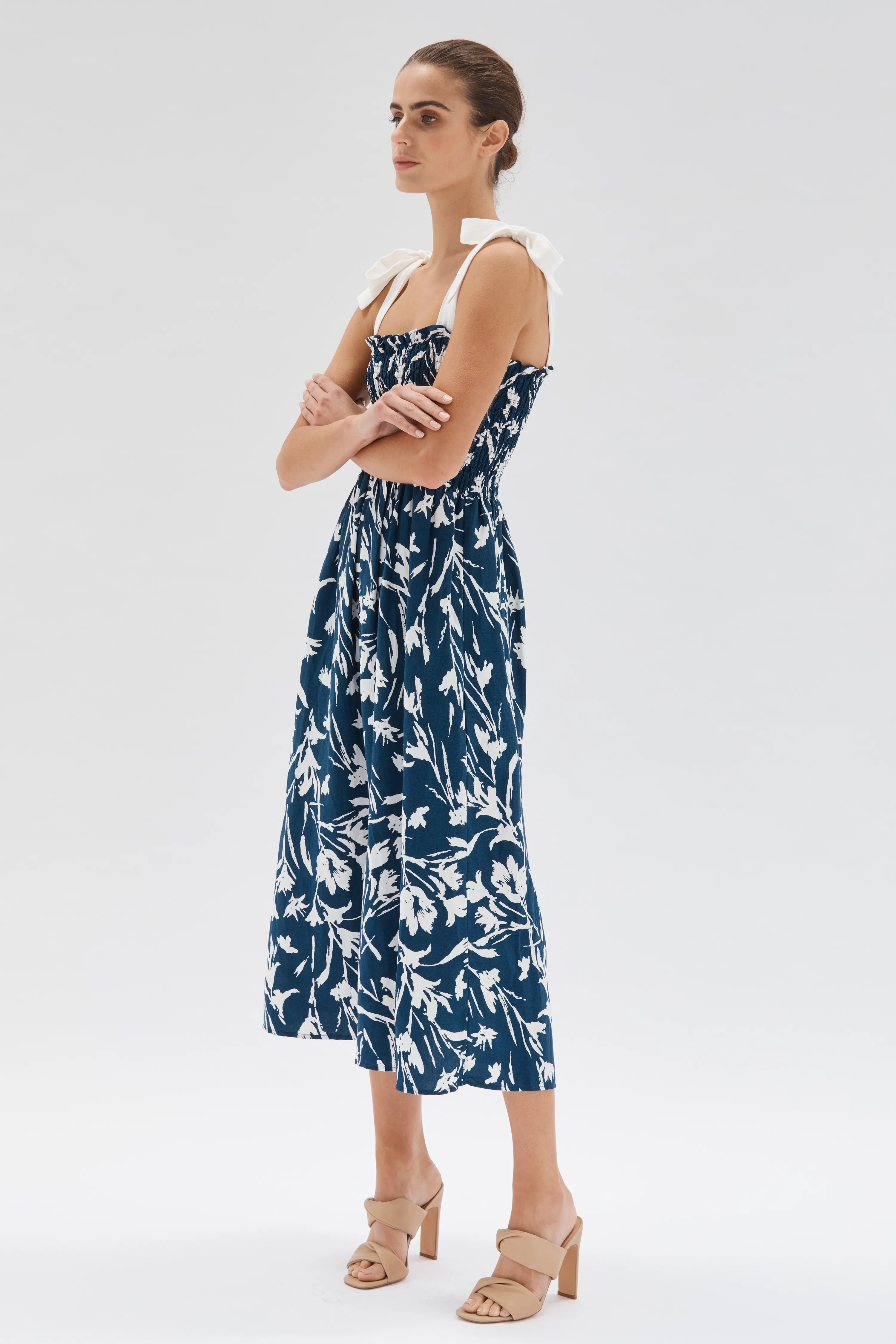 Alma Shirred Strappy Navy Multi Midi Dress