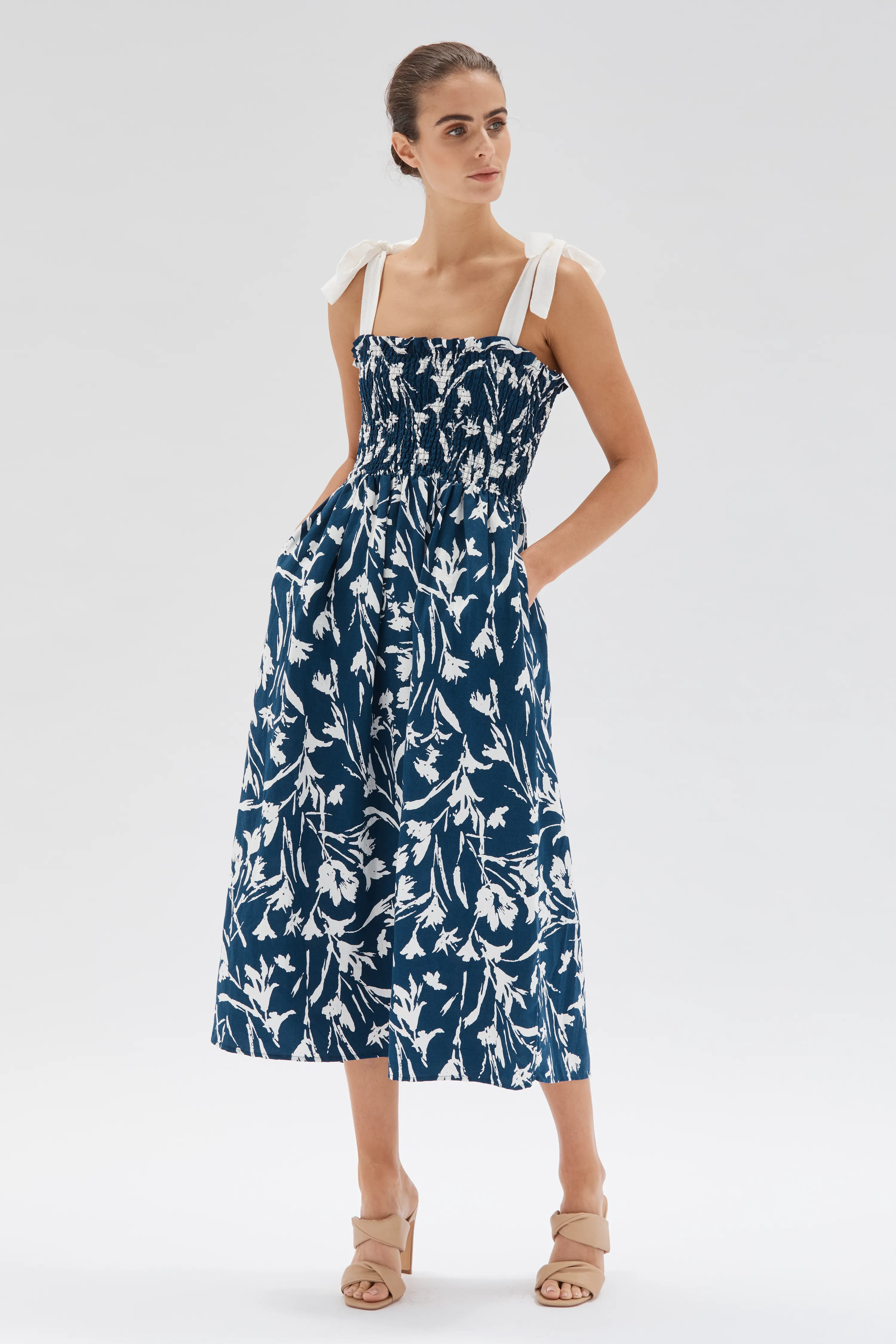 Alma Shirred Strappy Navy Multi Midi Dress