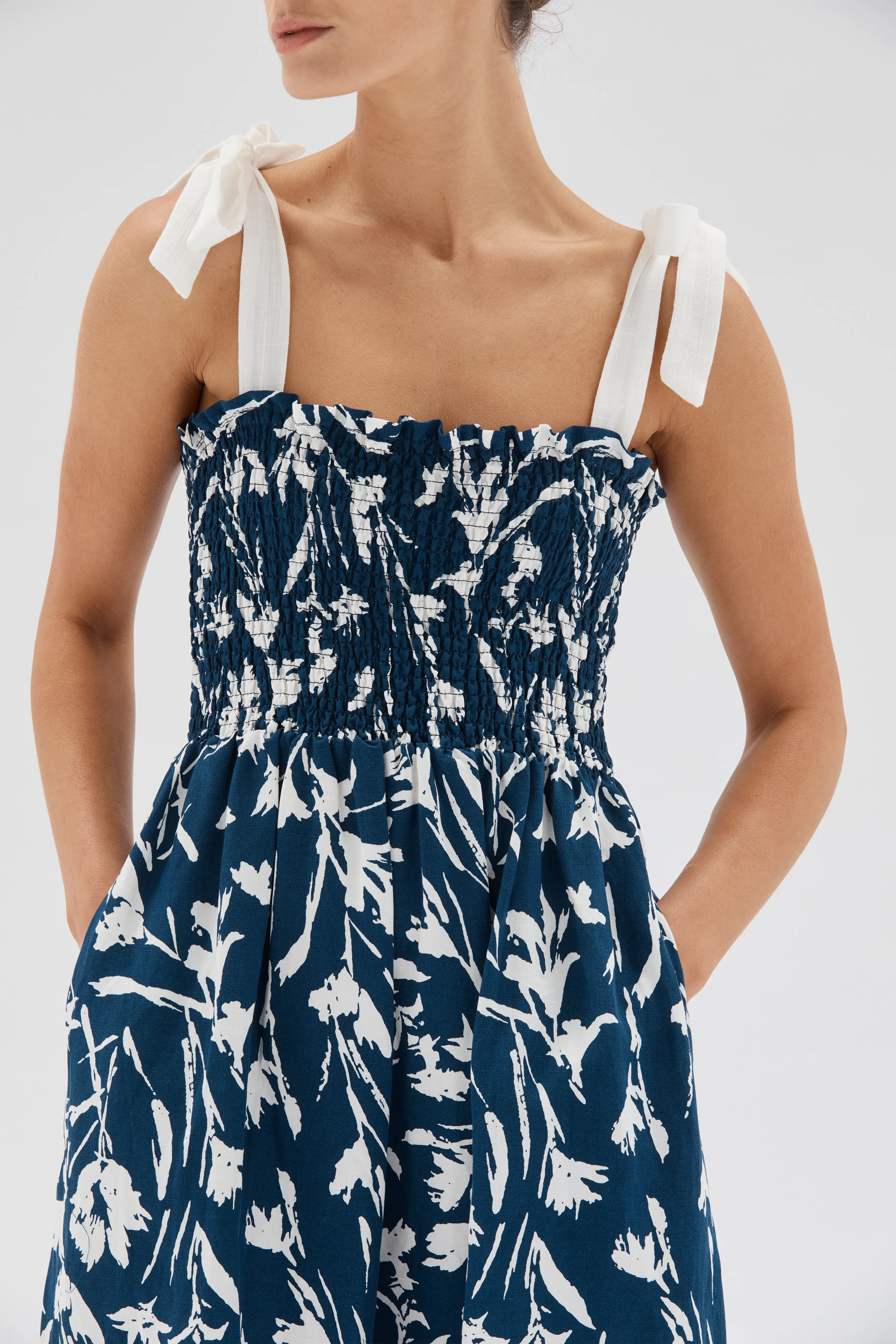 Alma Shirred Strappy Navy Multi Midi Dress