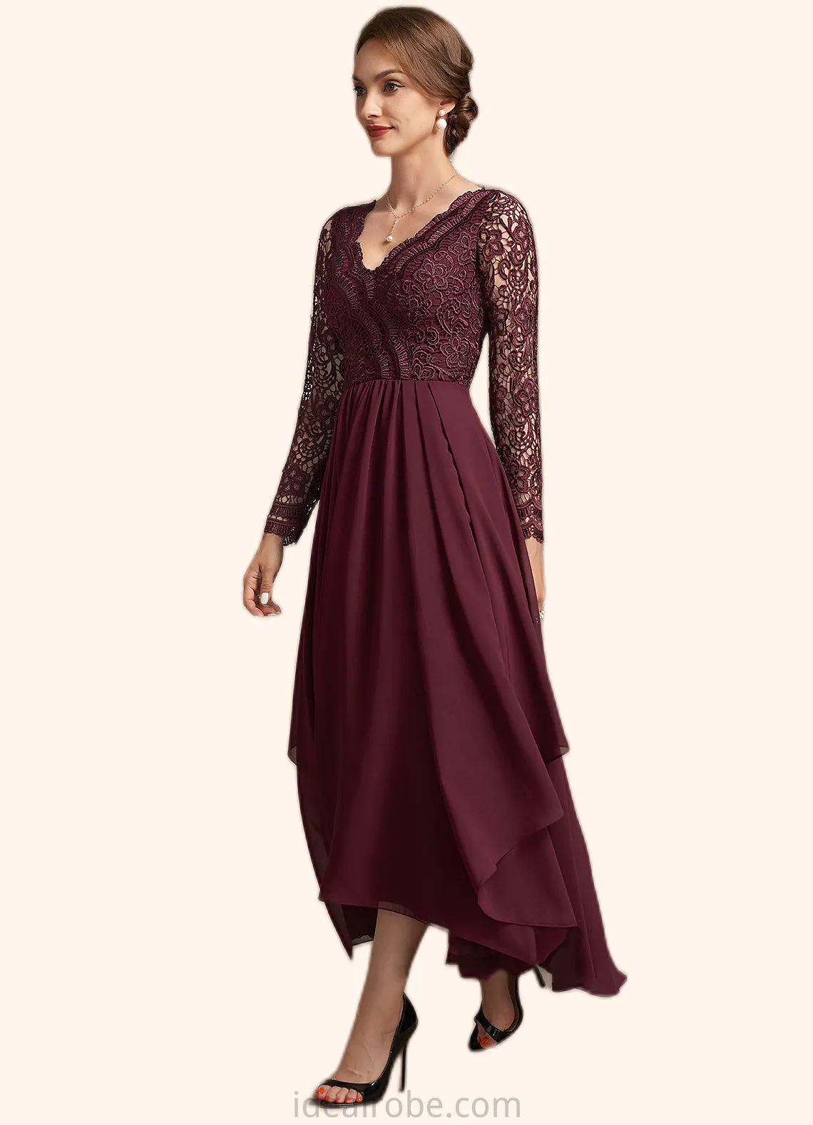 Aryana A-line V-Neck Asymmetrical Chiffon Lace Mother of the Bride Dress STK126P0014640