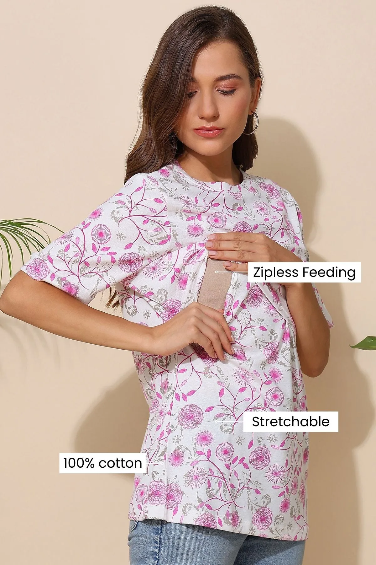 Baby Pink All Over Printed 100% Soft Cotton Zipless Maternity Feeding Top