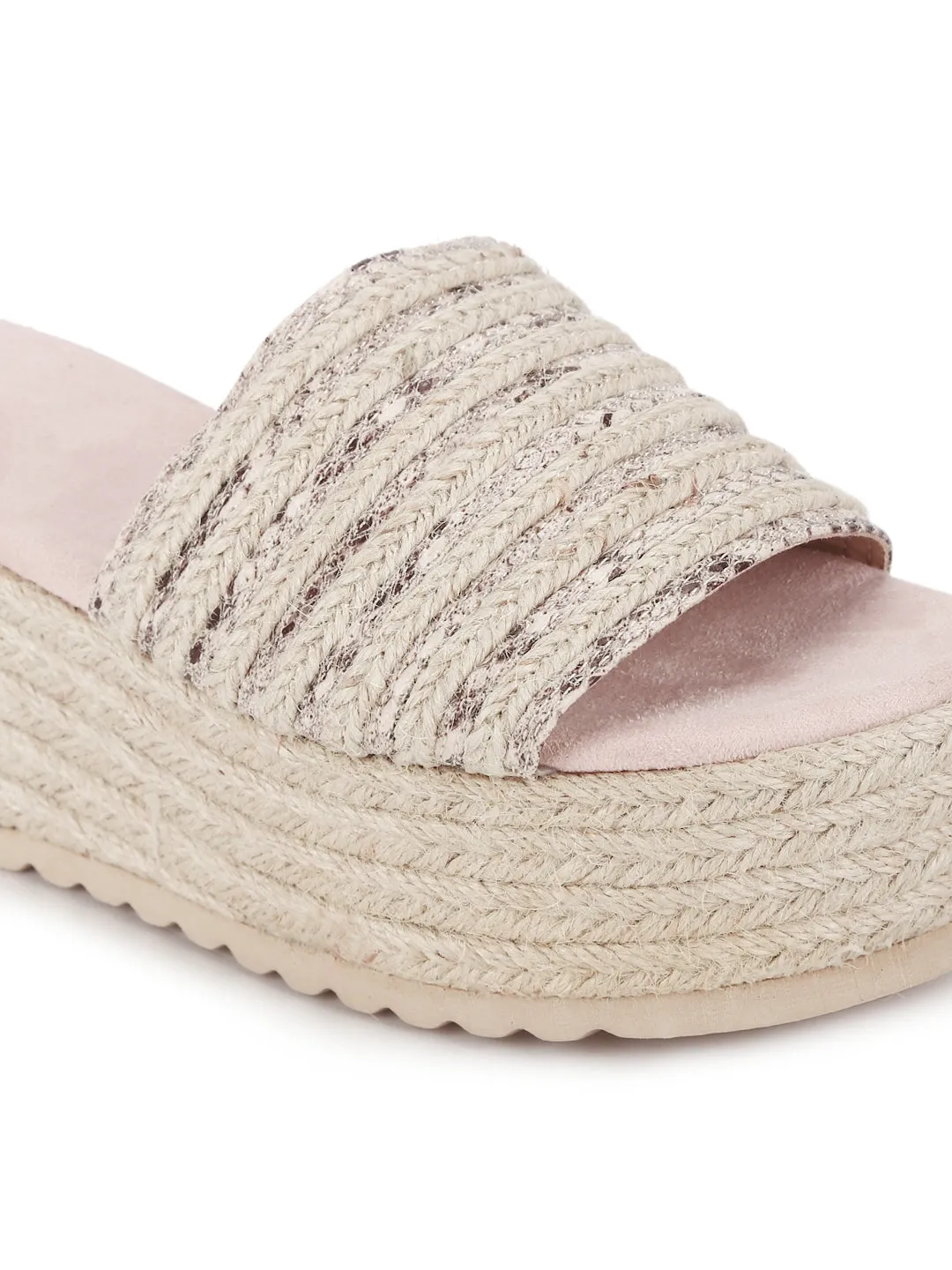 Beige Snake Woven PU Slip On Wedges