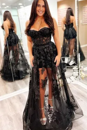 Black Strapless A-Line Long Prom Dress  PC1248