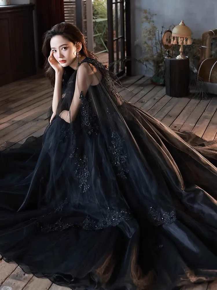 Black V neck Tulle Lace Long Prom Dresses, Black Lace Formal Evening Dresses