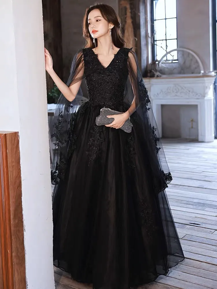 Black V neck Tulle Lace Long Prom Dresses, Black Lace Formal Evening Dresses