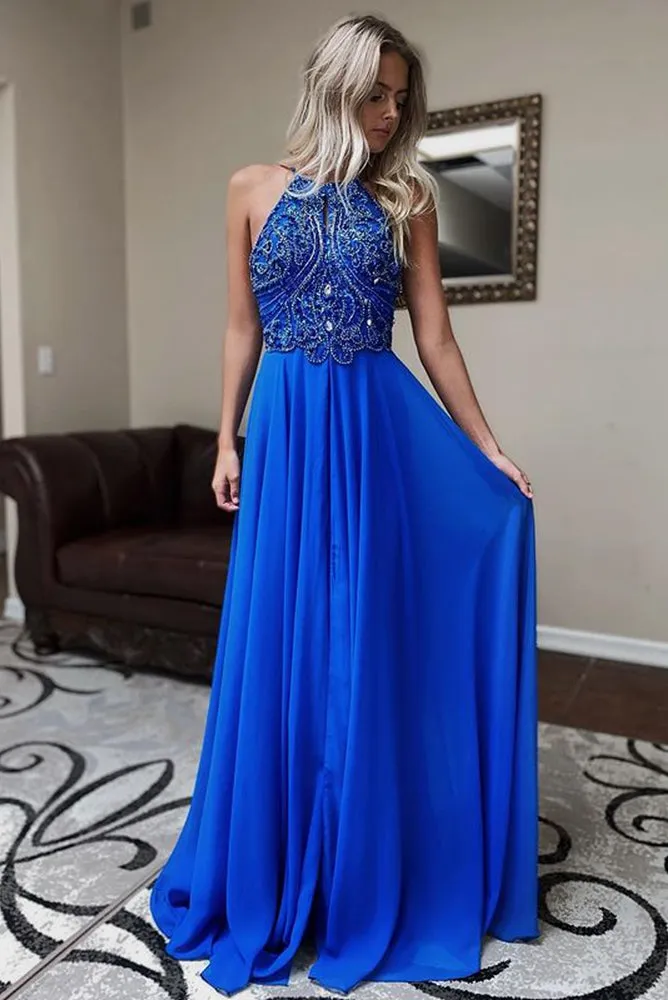 Blue Prom Dress Halter Neckline, Formal Ball Dress, Evening Dress, Dance Dresses, School Party Gown, PC0831