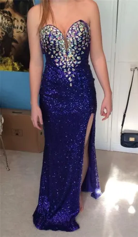 blue sequin prom dress, long prom dress, sparkle prom dress, side slit prom dress, evening dress, BD142