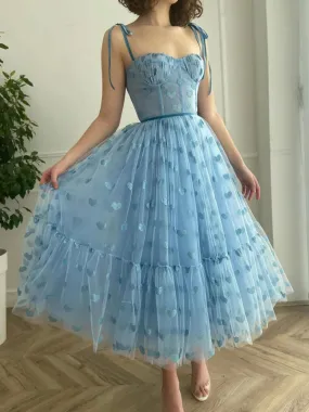 Blue tulle tea length prom dress, blue tulle formal dress