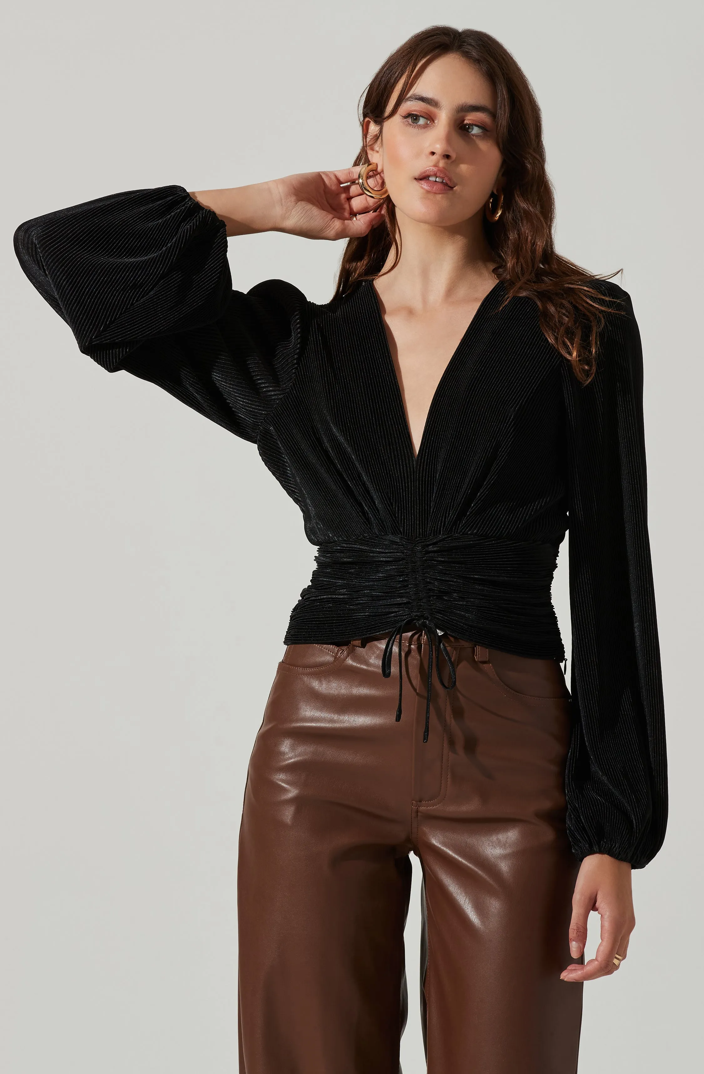 Braydon Pleated Ruched Front Long Sleeve Top