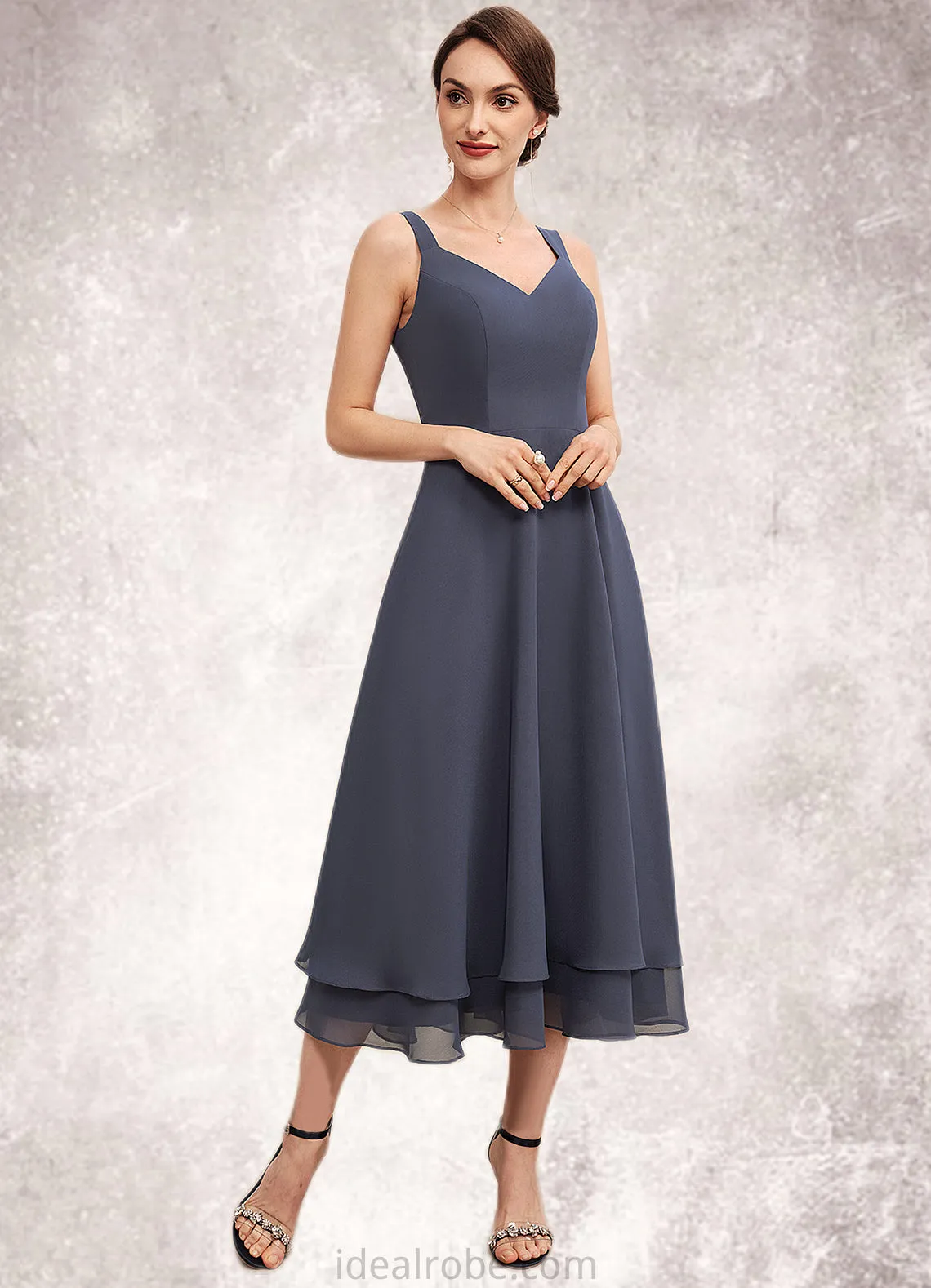 Carolyn A-line V-Neck Tea-Length Chiffon Mother of the Bride Dress STK126P0014540