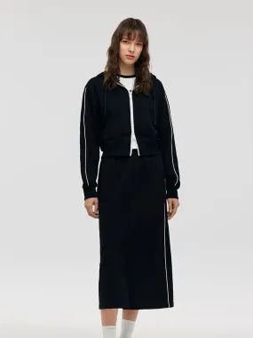 Contrast Trim Crop Zip-up Hoodie And Skirt Two-Piece Set