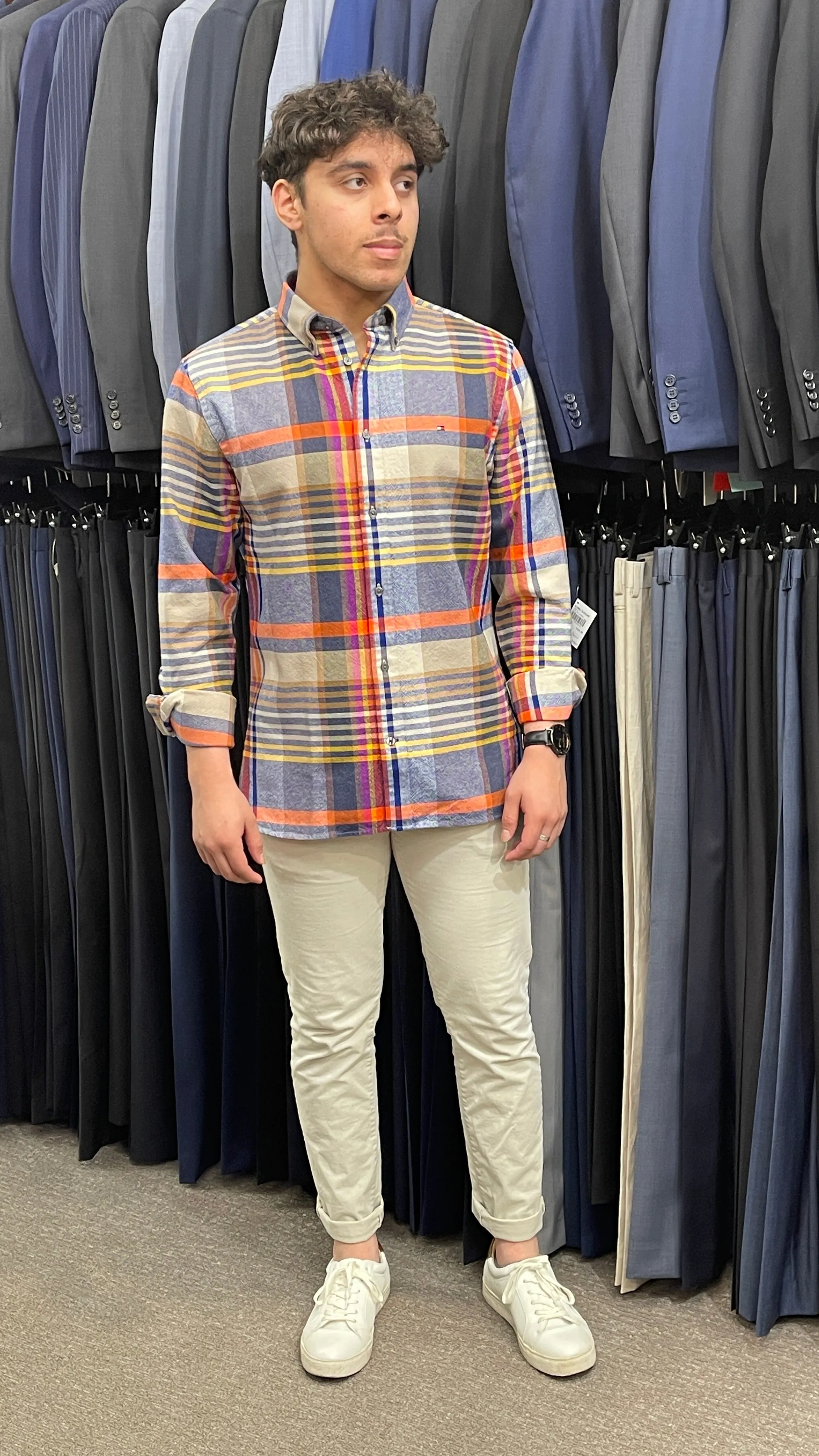 Cotton Check Shirt - Bone/Navy/Orange