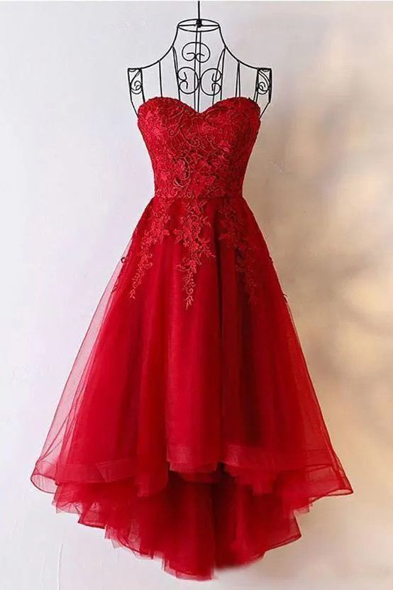 Cute Red Tulle Sweetheart Strapless Homecoming Dresses with Lace Short Prom Dresses