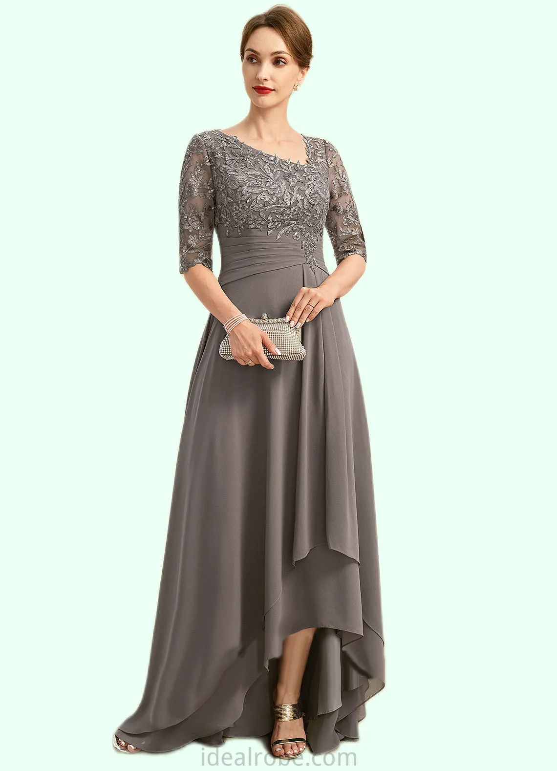 Danielle A-line Asymmetrical Asymmetrical Chiffon Lace Mother of the Bride Dress With Pleated Sequins STKP0021688