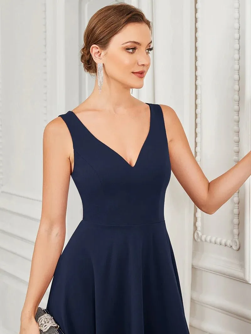 Deep V Neck Sleeveless Evening Dresses with Asymmetrical Hem