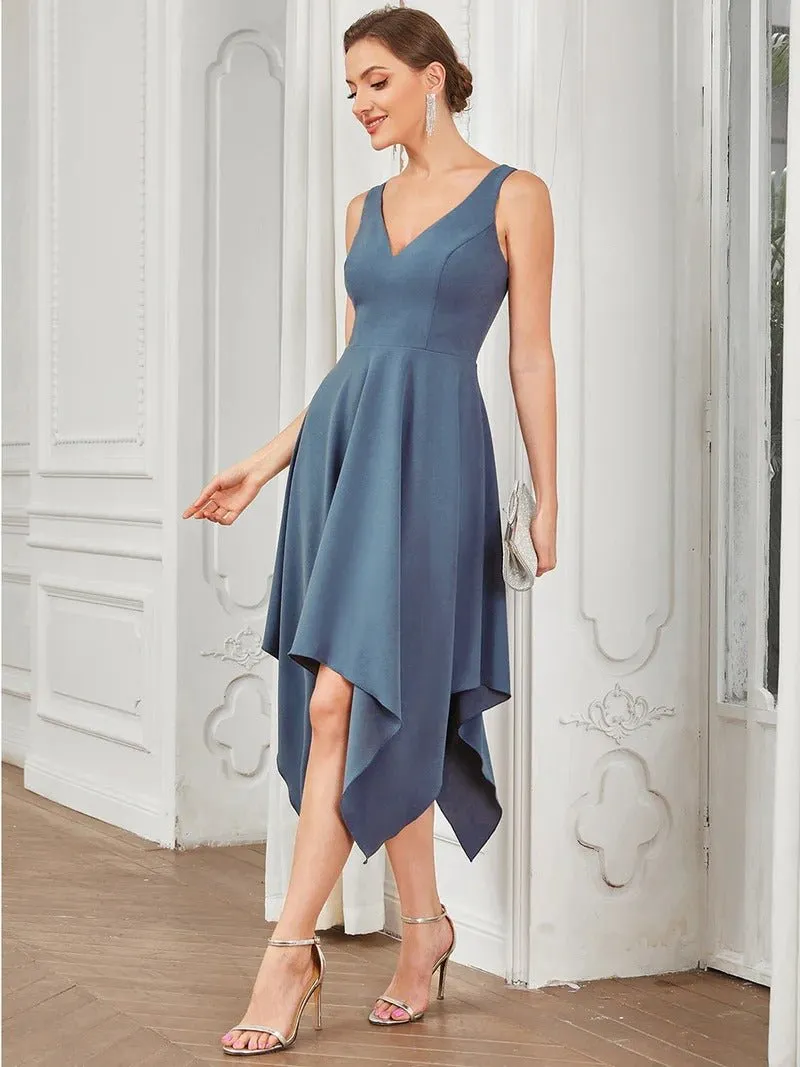 Deep V Neck Sleeveless Evening Dresses with Asymmetrical Hem