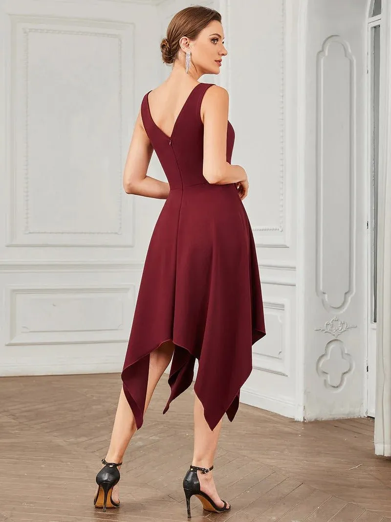 Deep V Neck Sleeveless Evening Dresses with Asymmetrical Hem