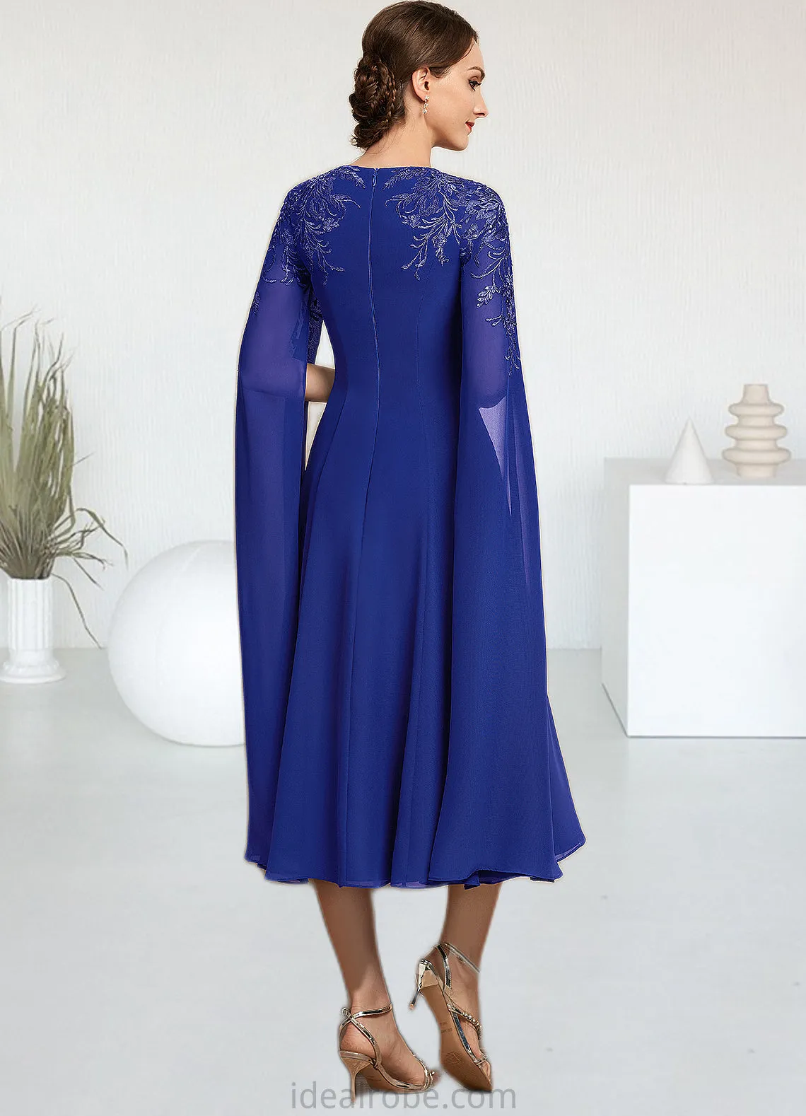 Denisse A-Line Scoop Neck Tea-Length Chiffon Lace Mother of the Bride Dress With Sequins STK126P0014960