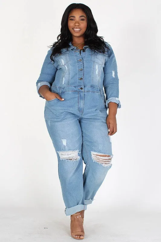 Distressed Button Front Cuffed Jumpsuit