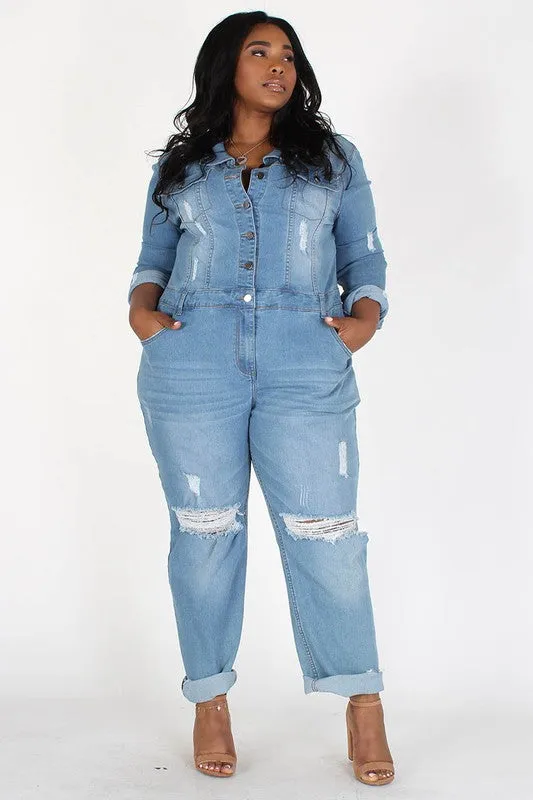 Distressed Button Front Cuffed Jumpsuit