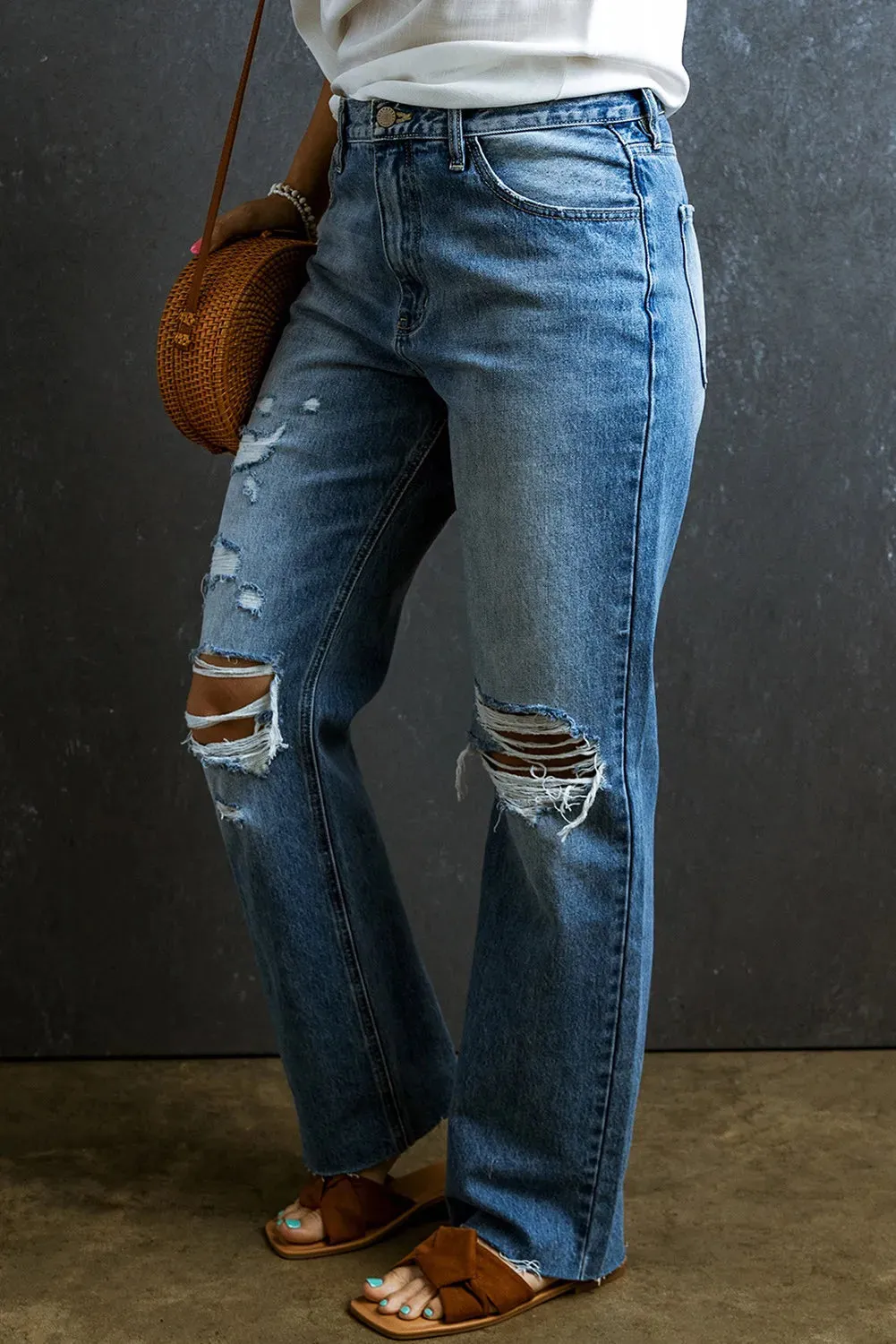 Distressed High-Waisted Denim Jeans