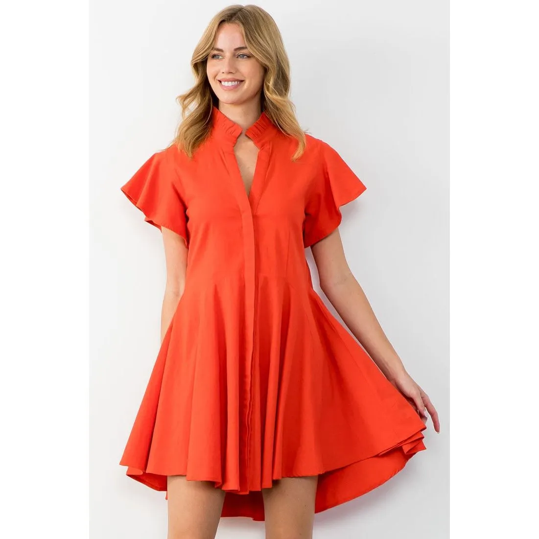 Donna Orange Flutter Sleeve Button Up THML Dress