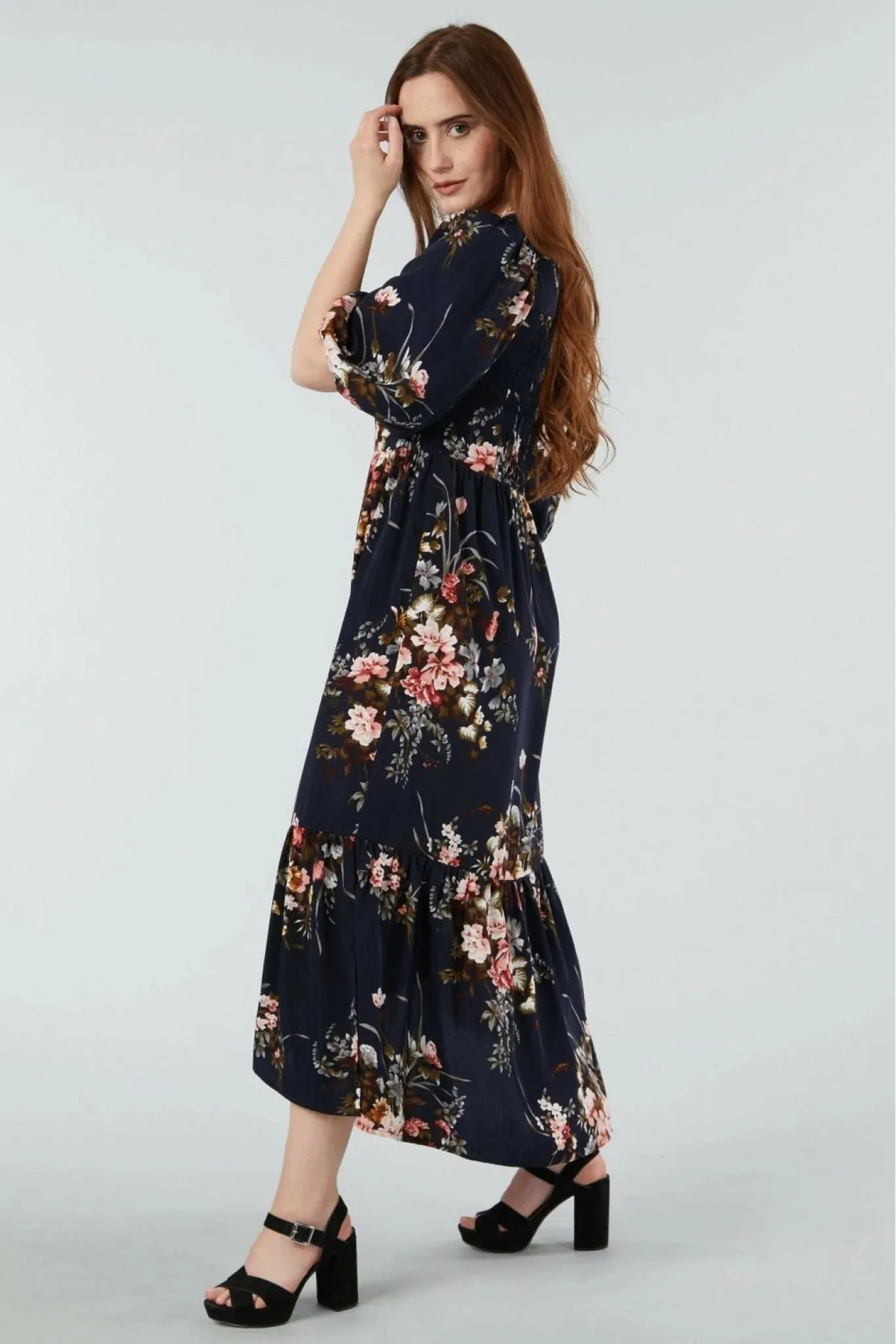 Double Second Navy Floral Printed A-line Tiered Dress