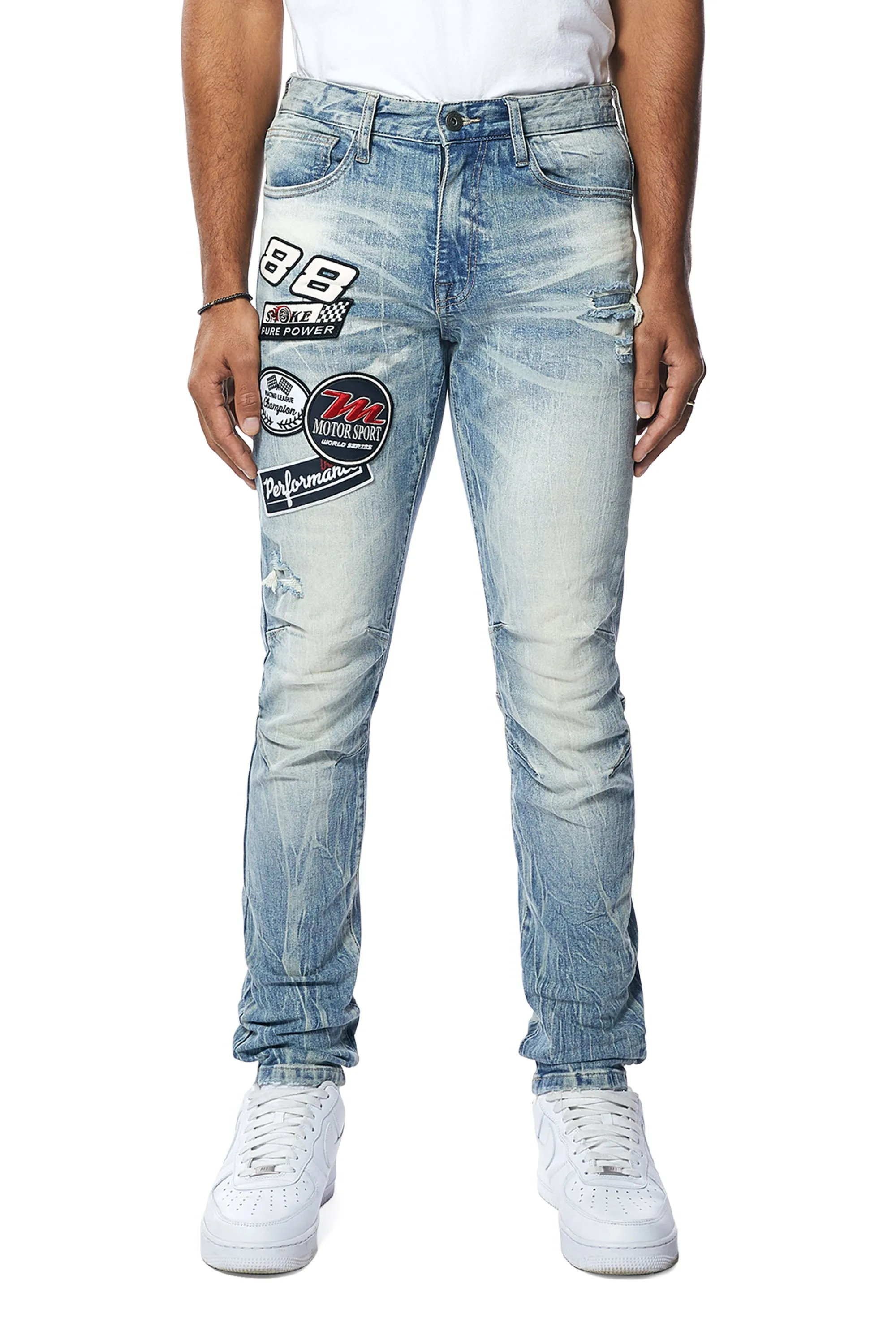 Embroidered Patched Racing Denim Jeans- Beacon Blue