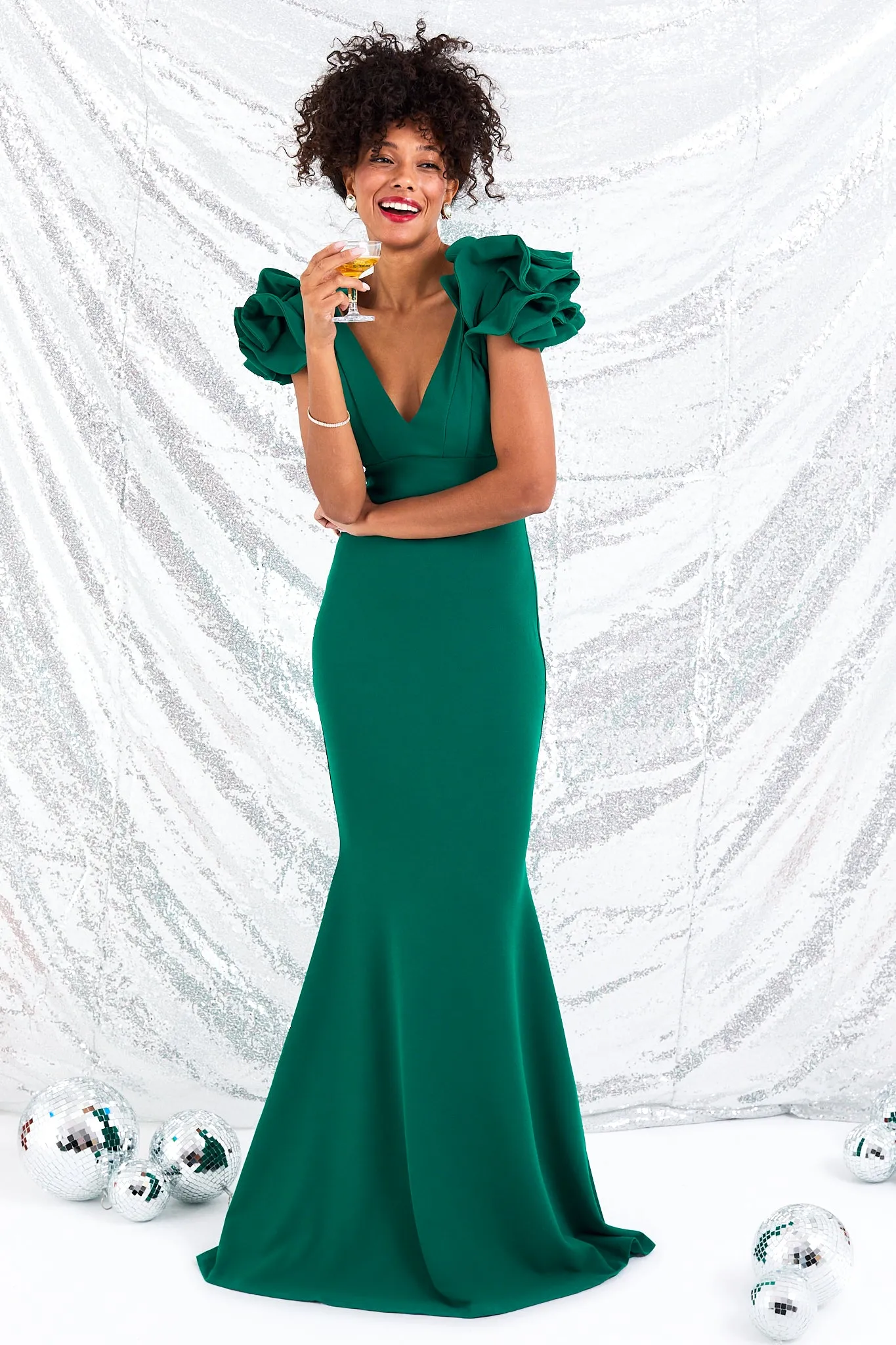 Emerald Green Ruffle Shoulder Gown