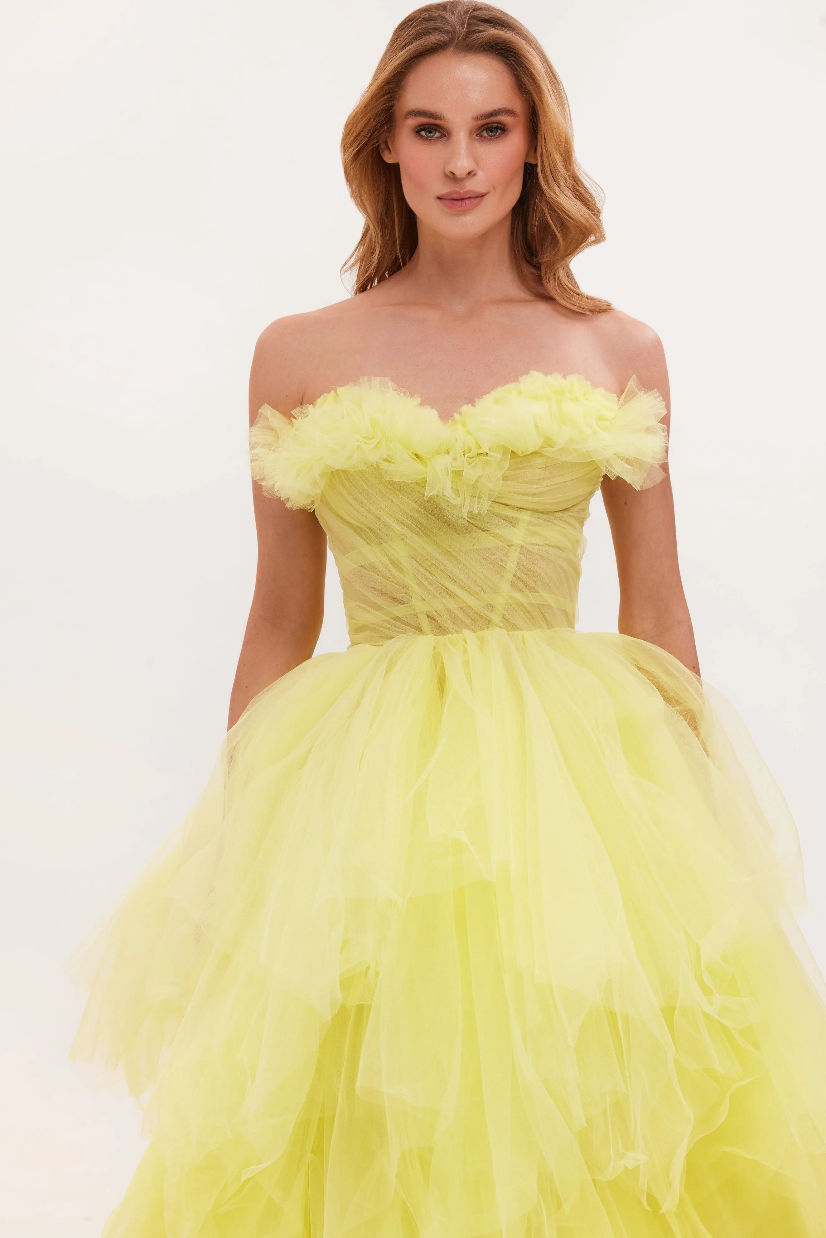 Fairytale frill-layered maxi dress in vivid yellow