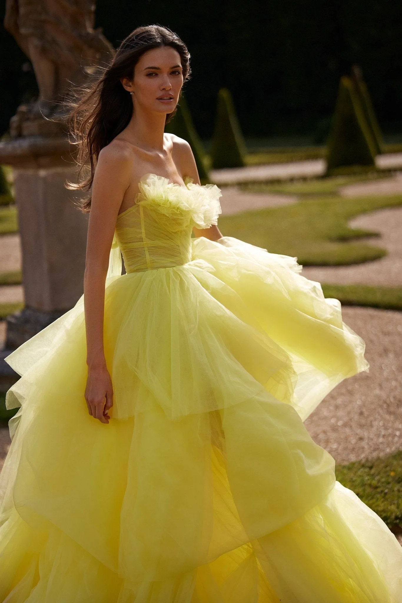 Fairytale frill-layered maxi dress in vivid yellow